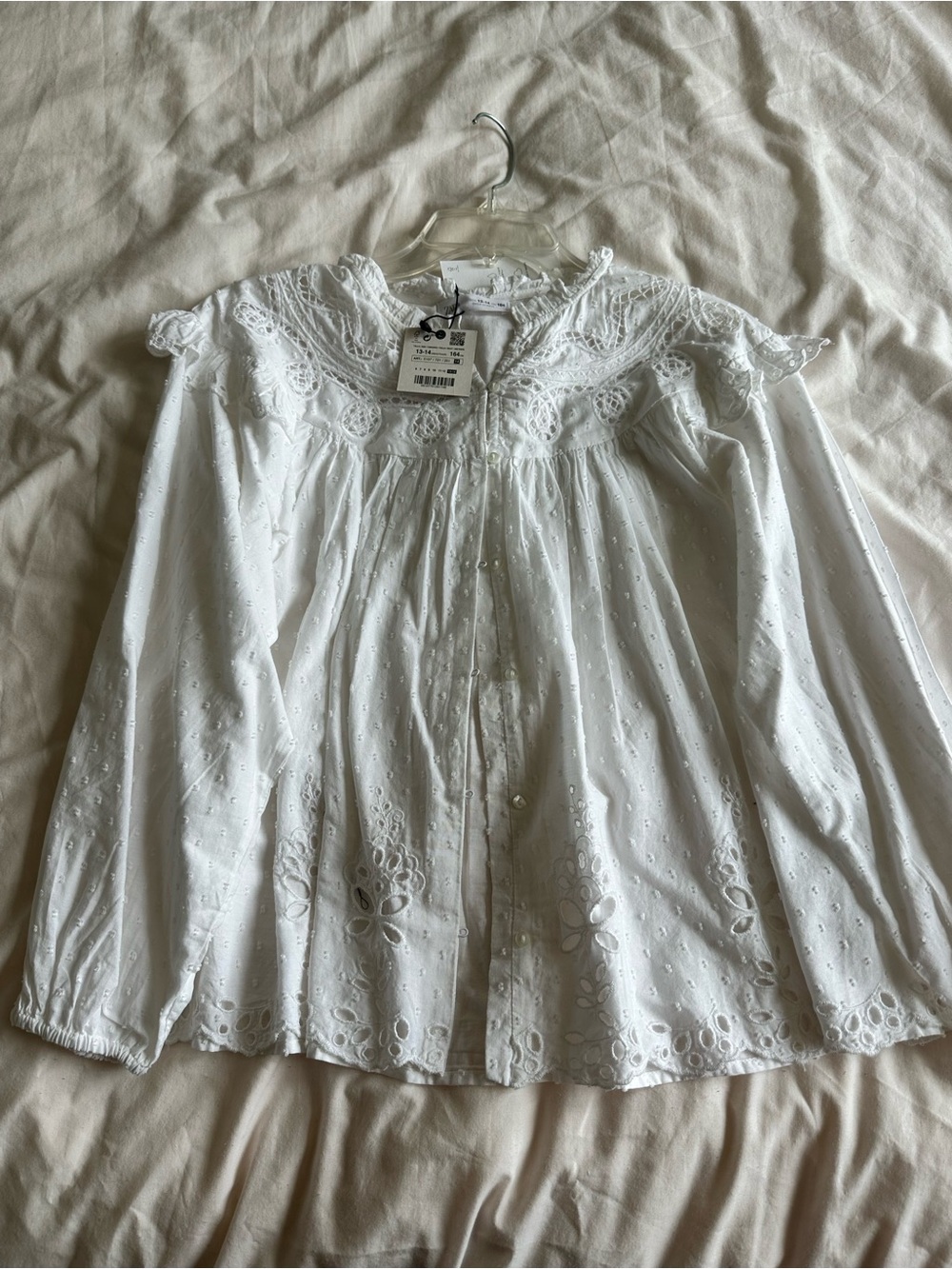 Zara White Eyelet Lace Button-Down Blouse